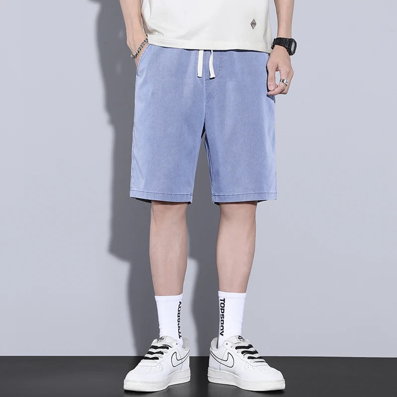 Summer Soft Cosy Lyocell Fabric Men's Denim Shorts Thin Loose Pants Drawstring Elastic Waist Korea Casual Short Plus Size M-5XL  Amaijoin