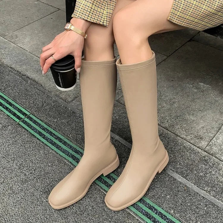 Riding Boots Women Shoes Real Leather Mid Heel Knee-High Boots Square Toe Block Heels Zip Long Boots Autumn Winter 40  Amaijoin