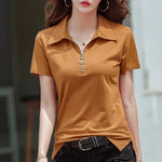 Carregue a imagem no visualizador da Galeria, New 2024 Summer Women T Shirt Cotton Elegant Style Zipper Neck Fashion Office Lady Top Short Sleeve Polo For Women  Amaijoin
