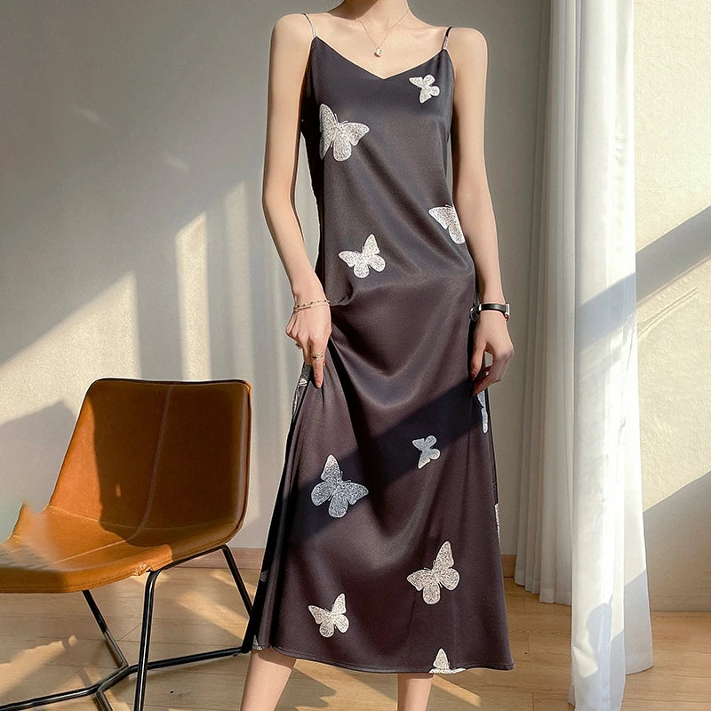 Summer Sling Skirt Silk Vest Satin Dress Ladies Sleeveless Outer Wear Thin French Suit Inside New Mulberry Silk Base Long Skirt  Amaijoin