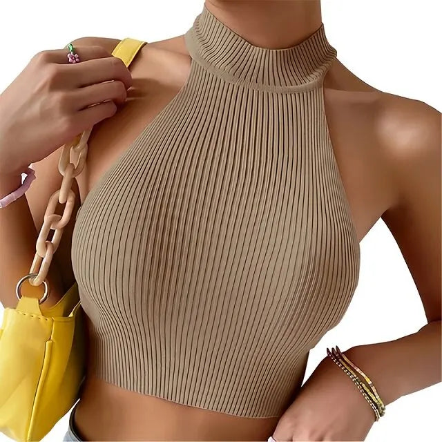 Knit Sleeveless Halter Tops for Women Basics Solid Slim Fitted Crop Womens Turtleneck Ribbed Vest Y2K High Neck Tank Tops  Amaijoin