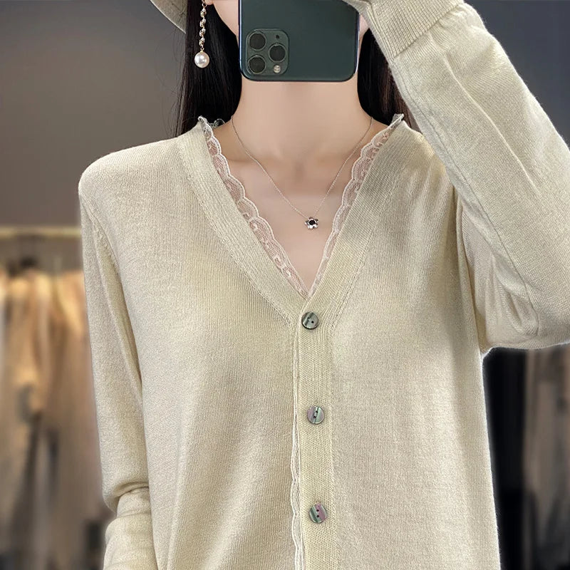 2023 Spring and Summer Cashmere Cardigans Women  V-neck Knitted Sweater Fashion Knitwear Solid Cashmere Cardigans Women's  Amaijoin