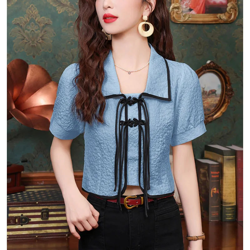 Women's 2024 New Summer Pullovers Contrast Color Polo-Neck Jacquard Button Elegant Chic Slim Commuter Short Sleeve Chiffon Tops  Amaijoin