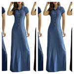 Carregue a imagem no visualizador da Galeria, Europe And America Cross Border New Long Dress Shirt Collar Split Pocket Large Swing Dress Large Casual Denim Dress  Amaijoin
