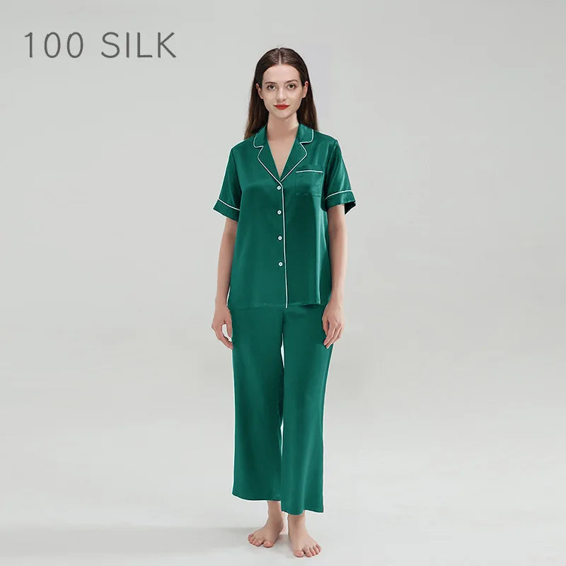 Birdtree 19MM 100%Real Silk Pajama Set Women's Solid Lapel Short Sleeve Long Pants Basic Comfortable Loungewear Spring S41146QD  Amaijoin