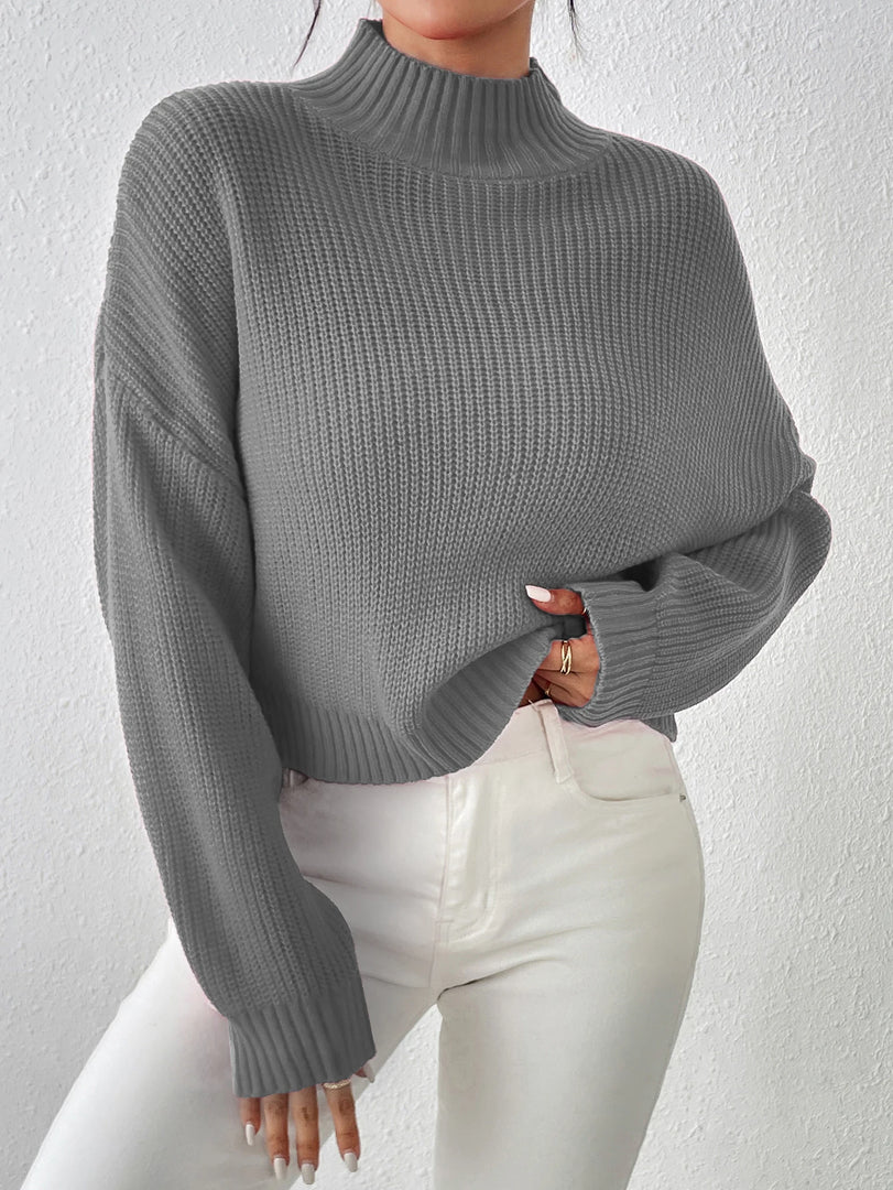 Women's Ribbed Knitted Sweater, Mock Neck Long Sleeve Pullover, Solid Color High Neck Drop Shoulder Jumper  Amaijoin