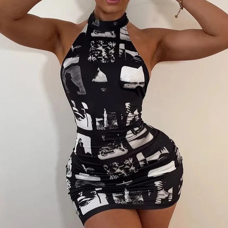 Hugcitar Vintage Print Halter Sleeveless Backless Sexy Slim Bodycon Mini Dress 2023 Summer Y2K Outfit Streetwear Nightclub Biker  Amaijoin