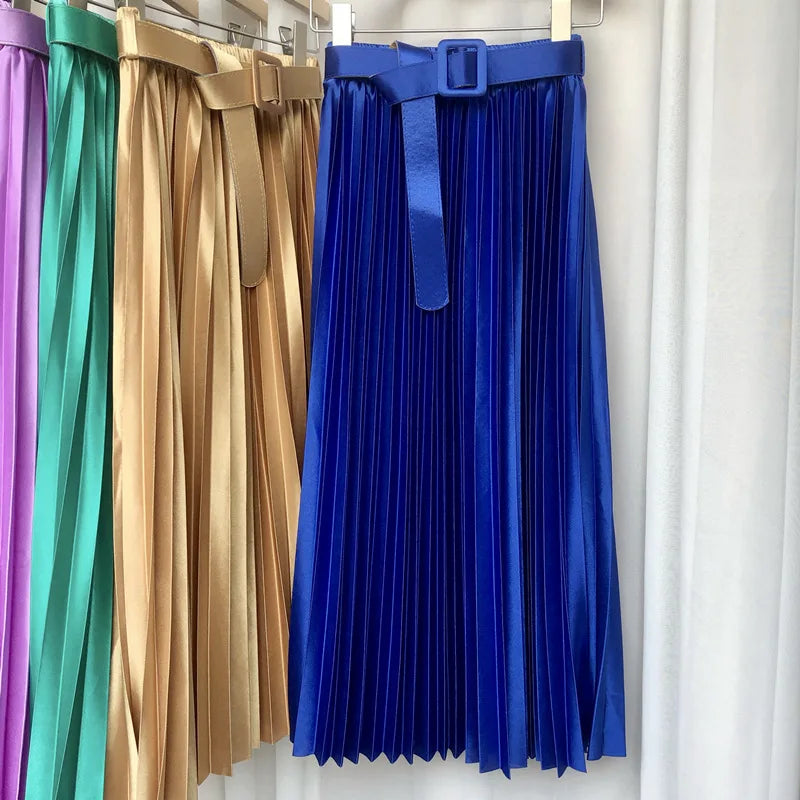 2024 New High Waist Elegant Stain Women's Pleated Skirts with Belted Solid Skirts Mi-long Umbrella Skirt Spring Summer  Amaijoin