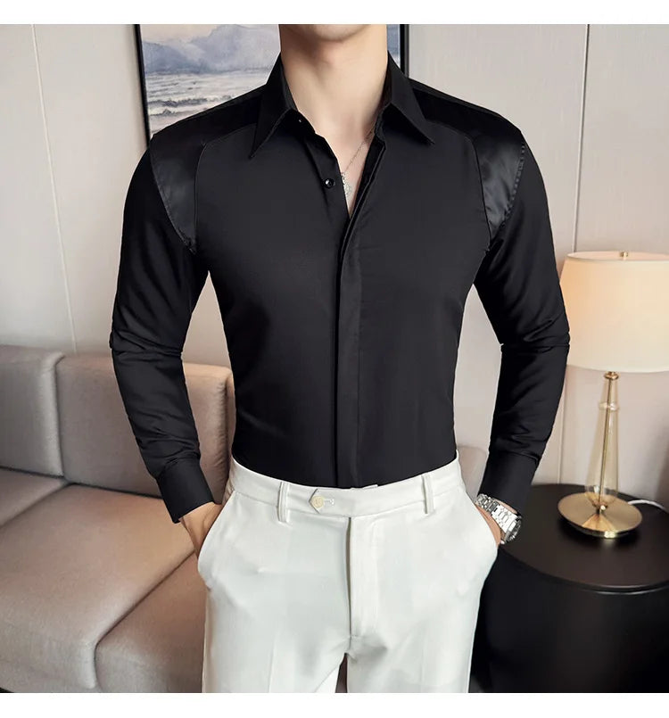 British Style PU Patchwork Shirt for Men Large Lapel Long Sleeve Shirt Casual Business Dress Shirts Social Party Banquet Shirt  Amaijoin