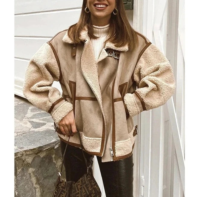 RARF 2024 Autumn Winter Women Warm Faux Fur Fleece Coat Jacket Female Loose Patchwork Thickened Locomotive Lapel Chic Outwear  Amaijoin