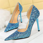 Carregue a imagem no visualizador da Galeria, Women 7cm 10.5cm High Heels Elegant Blue Pumps Sexy Sequins Bling Mid Heels Lady Scarpins Luxury Stiletto Sparkly Party Shoes  Amaijoin
