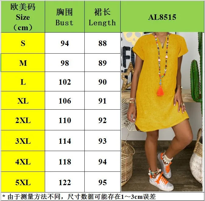 Summer loose solid color short sleeved V-neck cotton linen dress Women's stock dress  Amaijoin