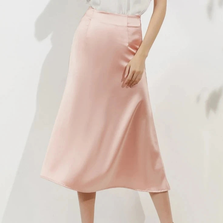 Silk Satin Skirts for Women Korean Style Champagne Office High Waist A-line Skirt Fashion Elegant Solid Long Pencil Skirt 2024  Amaijoin