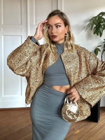 Carregue a imagem no visualizador da Galeria, HH TRAF Autumn Sequins Golden Loose Jacket for Women Sparkle Long Sleeve Casual Bomber Jacket with Pockets Female Fashion Coats  Amaijoin
