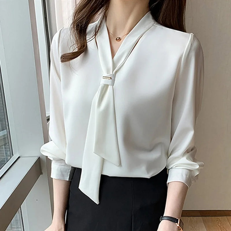 2023 New Fashion Chiffon Women Blouse And Tops Office Long Sleeve White Women Shirts With Tie V Neck Loose Female Clothing 13022  Amaijoin