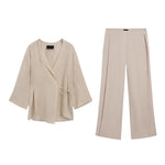 Carregue a imagem no visualizador da Galeria, Women&#39;s Linen Flowing Crossover Kimono Shirt Trousers Set V-neck Long Sleeve Wrap Lace-up Vent Top Drawstring Wide Leg Pants Set  Amaijoin
