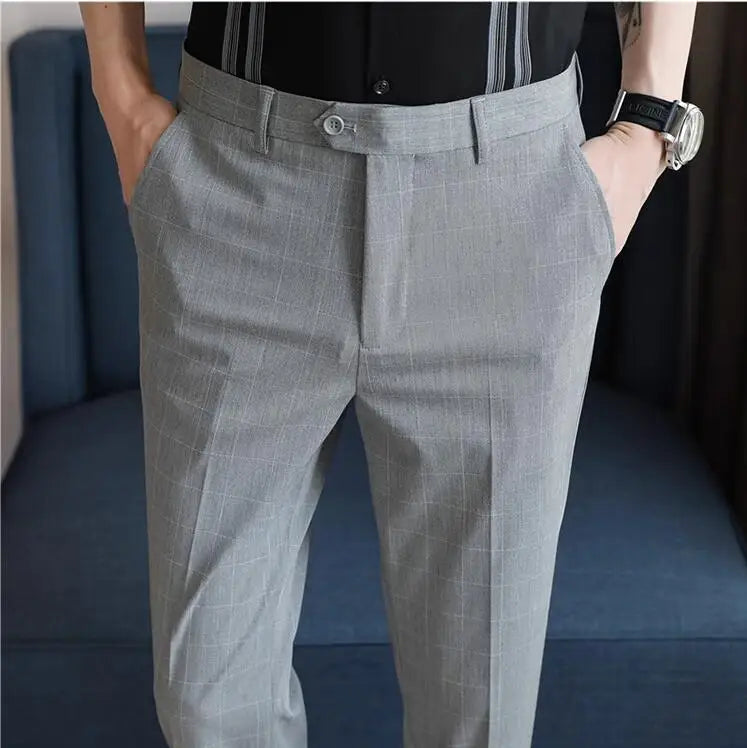 High-quality Belt Design Slim Fit Suit Pants Men Slim Fit Casual Trousers Solid Color Business Dress Pants Wedding Party Costume  Amaijoin