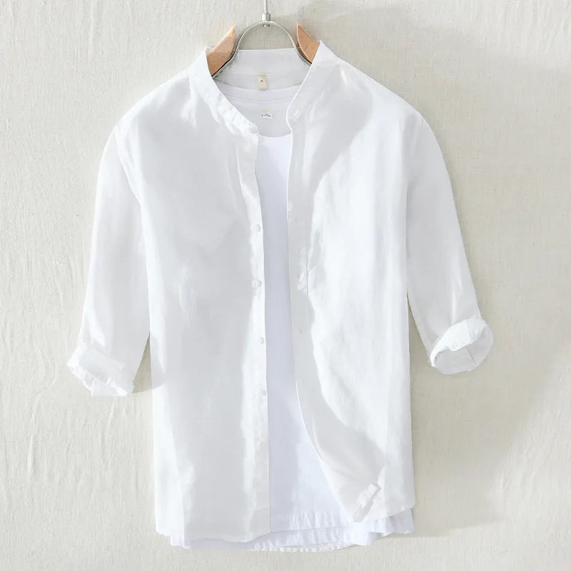 035 New Arrive Casual Cotton Linen White Shirts for Youth Handsome Male Loose Stand Collar Simple Daily Men Summer Thin Tops  Amaijoin