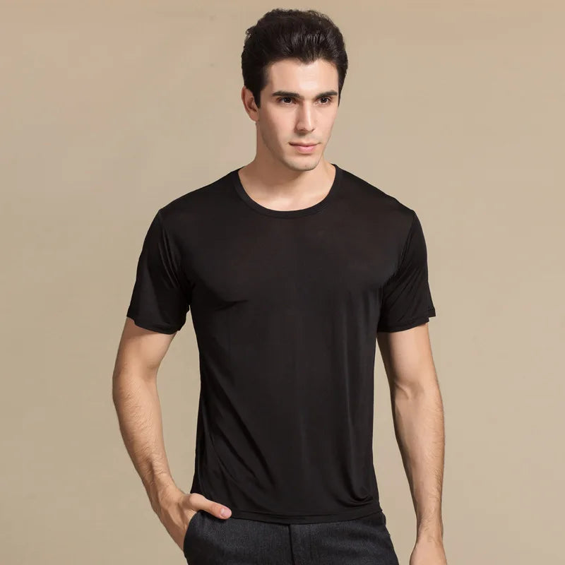 High Quality Mulberry Silk AAA grade Round  Neck Short Sleeve Men shirt Knitted Large Middle Thin Cultural  White Black Silver  Amaijoin