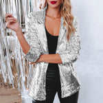 Carregue a imagem no visualizador da Galeria, Women Sequins Sequin Jacket Casual Long Sleeve Glitter Party Shiny Lapel Coat Vintage Lapel Sequins Jackets Club Party Wear  Amaijoin
