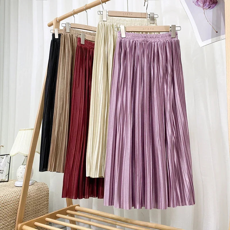 Seoulish 2024 New Stain Pleated Women's Long Skirts Spring Summer Multi Colors High Waist Harajuku Umbrella Maxi Skirts Female  Amaijoin