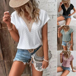 Carregue a imagem no visualizador da Galeria, Women&#39;s Tees Casual Tops 2023 Summer Cotton Material  Female Solid Hollow V-neck Short Sleeve T-shirt S-XXXL  Amaijoin
