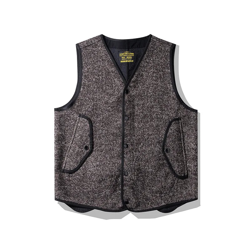 Winter Fashion Men's High Quality Woollen Vest British Style Pockets Patchwork Sleeveless V-neck Fleece Warm Waistcoat Tops Male  Amaijoin