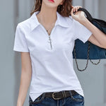 Carregue a imagem no visualizador da Galeria, New 2024 Summer Women T Shirt Cotton Elegant Style Zipper Neck Fashion Office Lady Top Short Sleeve Polo For Women  Amaijoin
