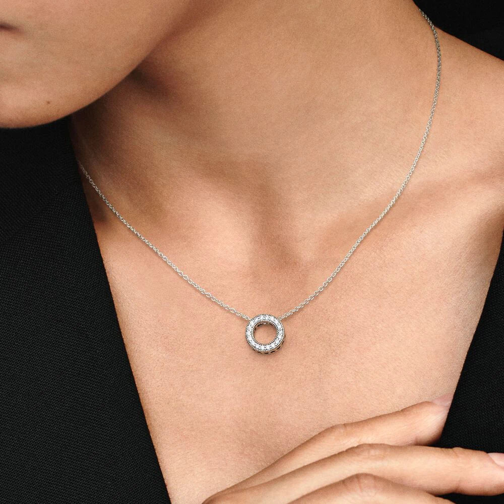 Pandora Logo Pavé Circle Collier Necklace 925 Silver Pavé 45CM Ring Simple Fashion Chain For Women Elegant Jewelry Gift  Amaijoin