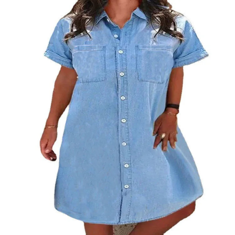 New style pocket solid color denim dress casual dress, multi-functional denim dress day, often casual and fashionable  Amaijoin