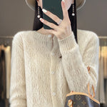 Carregue a imagem no visualizador da Galeria, Round Neck 100% Merino Wool Cardigan Spring Autumn New Hollow Out Fashion Long Sleeved Solid Color Knitted Cardigan Sweater Top  Amaijoin
