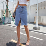 Carregue a imagem no visualizador da Galeria, Benuynffy Zipper Fly Raw Hem Split Denim Skirt Women Spring and Summer High Waist Jeans Skirt Female Casual Bodycon Midi Skirts  Amaijoin
