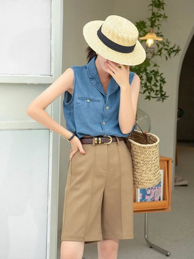 Vintage Denim Vest Women Summer Cuban Collar Sleeveless Shirt Loose Casual French Style Chic Pocket Blouse Outerwear Top  Amaijoin