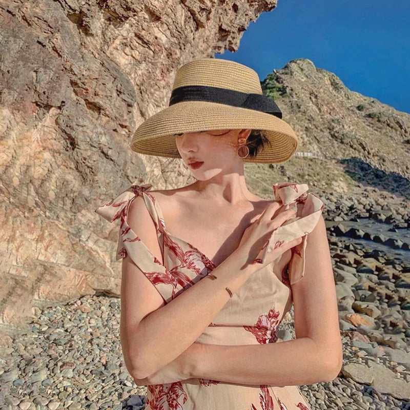 Hepburn bow ribbon sun hat women's straw hat Bucket hat color sunscreen sun hat beach hat wholesale  Amaijoin