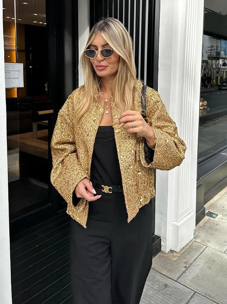 HH TRAF Autumn Sequins Golden Loose Jacket for Women Sparkle Long Sleeve Casual Bomber Jacket with Pockets Female Fashion Coats  Amaijoin