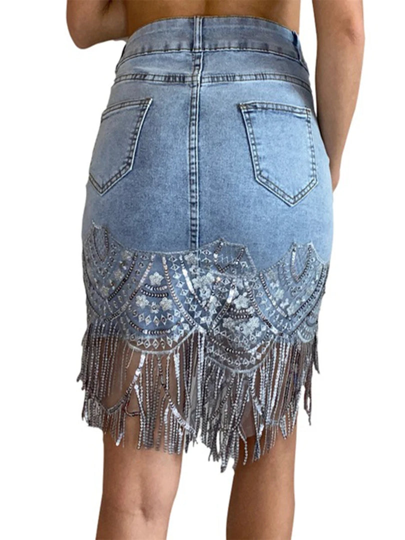 2023 Woman Sleek Sexy Flap Pockets Sequin Fringed Mesh Hem Skinny Denim Skirt  Amaijoin