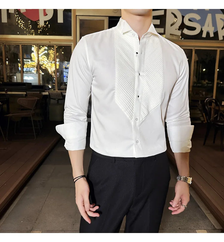 2023 Autumn Banquet Gentleman Dress French Collar Shirt Men's Long Sleeve Casual Business Organ Pleated Shirt Men Clothing  Amaijoin