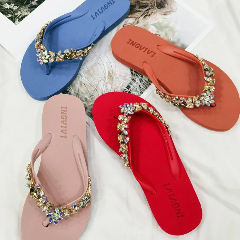 Slippers Women Glitter Flip Flops  Summer 2023 Fashion Outdoor Rhinestone Chain Wedge Beach Slippers Jelly Hawaiian Flat Sandals  Amaijoin