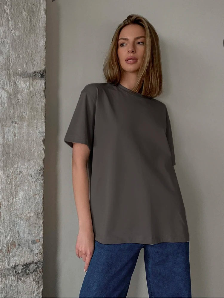 Hirsionsan 100% Cotton T Shirt Women 2023 Summer New Oversized Solid Tees Casual Basic Loose Tshirt Chic O Neck Female Tops  Amaijoin