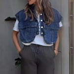 Carregue a imagem no visualizador da Galeria, Summer Women Denim Cropped Shirt Lapel Sleeveless Flap Pockets Top Single Breasted Casual Denim Short Shirt  Amaijoin
