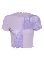 Load image into Gallery viewer, Chic Crop Tops Tees Tie Dye With Sequin Patchwork Women Summer T-shirts Ruffles Hem Purple Or Bule Clothes  Amaijoin
