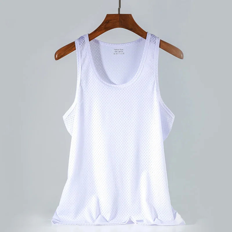 Summer Quick-Drying Thin Breathable Ice Silk Vest Men Tops Sport T Shirts Sleeveless Mesh Hole Tank Tops Gym Clothing Outer Wear  Amaijoin