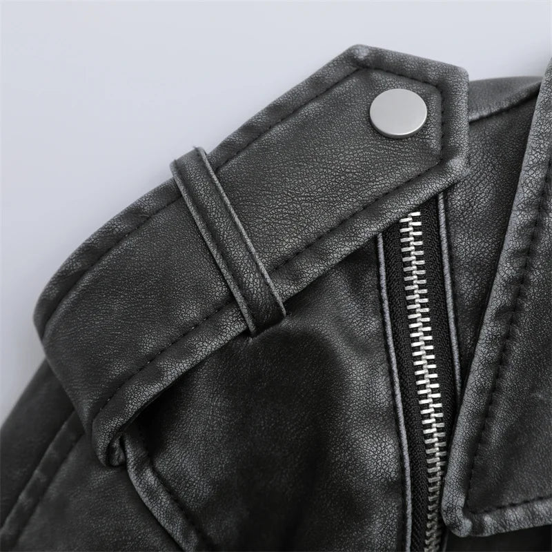 ZVRI 2023 Women's new short make old effect imitation leather motorcycle jacket jacket women's washed gray leather coat  Amaijoin