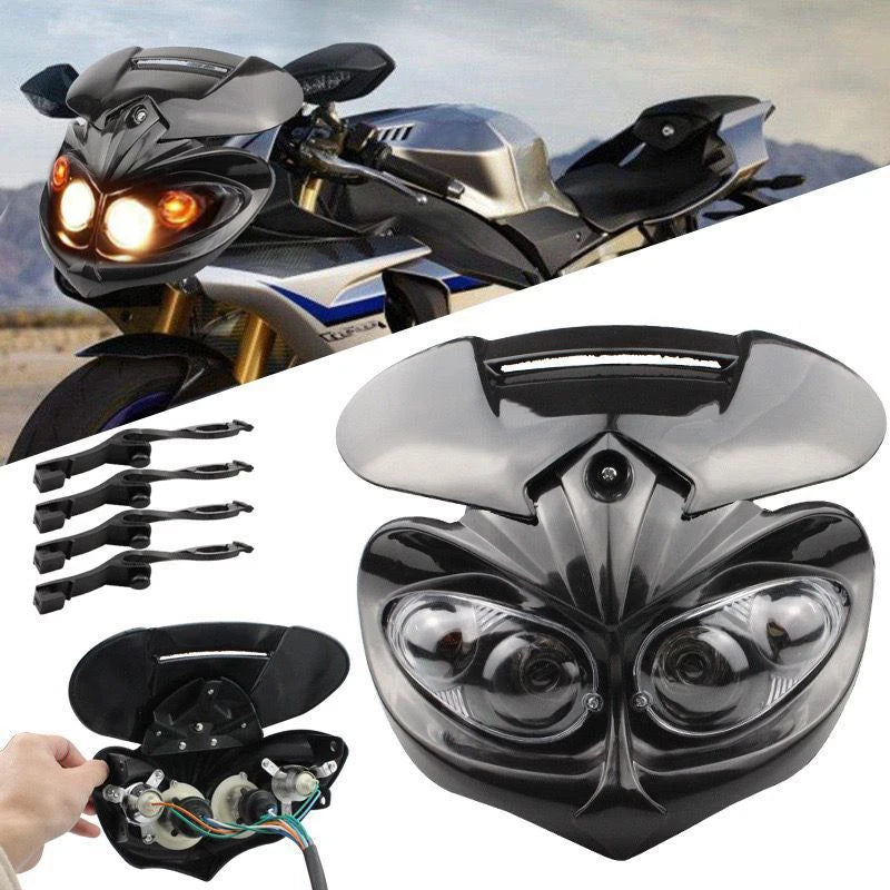 Universal Motorcycle Headlight 12V Bulb Head Lamp Fairing Motorcycle Lamp Of Street Fighter Dirt Bike Front Headlight Led Mask  Amaijoin