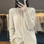 Carregue a imagem no visualizador da Galeria, Round Neck 100% Merino Wool Cardigan Spring Autumn New Hollow Out Fashion Long Sleeved Solid Color Knitted Cardigan Sweater Top  Amaijoin
