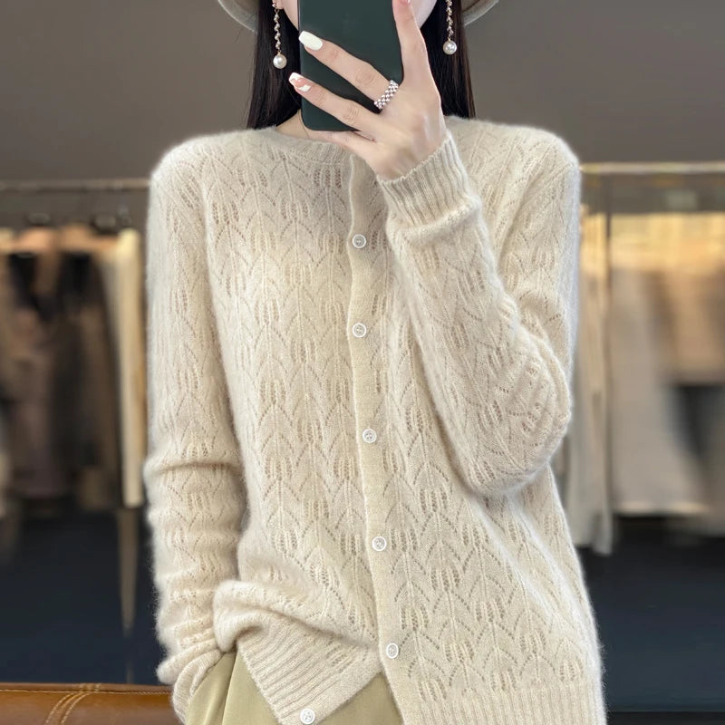 Round Neck 100% Merino Wool Cardigan Spring Autumn New Hollow Out Fashion Long Sleeved Solid Color Knitted Cardigan Sweater Top  Amaijoin