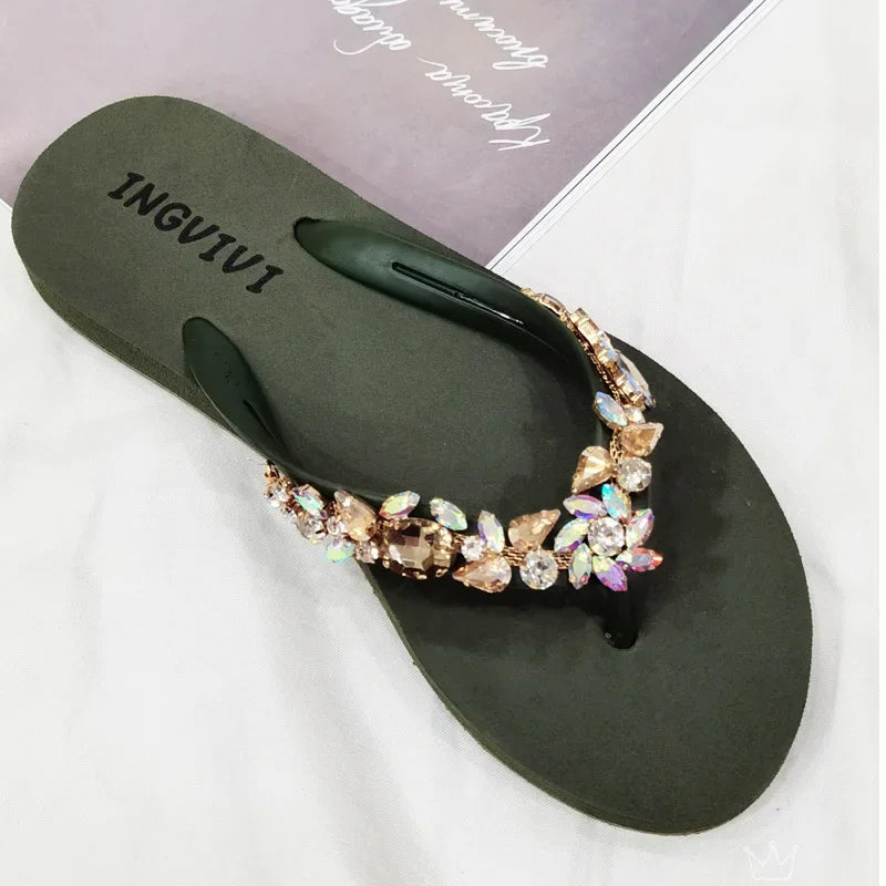 Slippers Women Glitter Flip Flops  Summer 2023 Fashion Outdoor Rhinestone Chain Wedge Beach Slippers Jelly Hawaiian Flat Sandals  Amaijoin