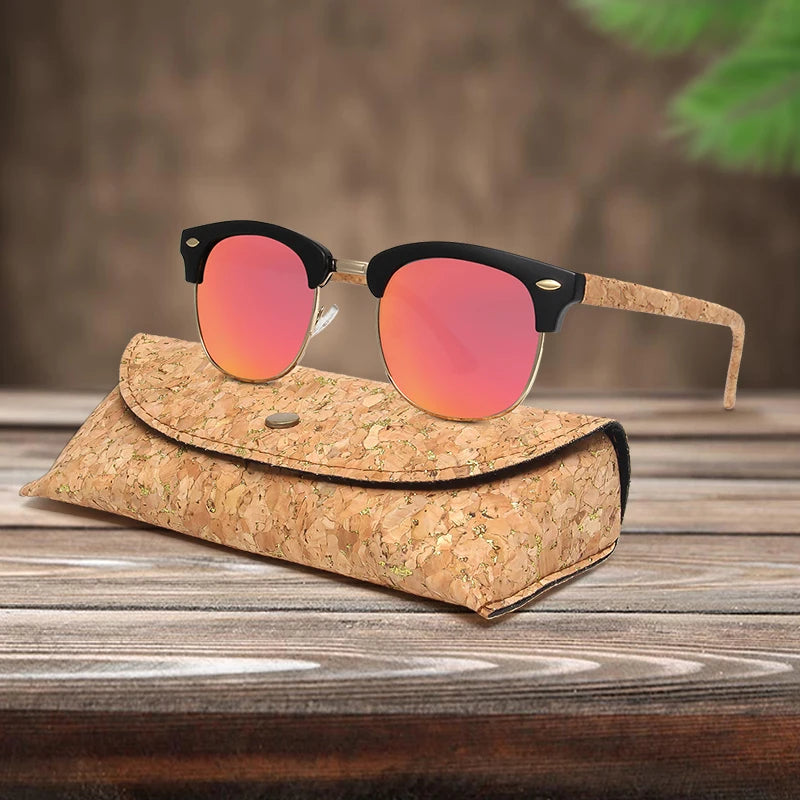 Kenbo Half Frame Polarized Wood Sunglasses With Case Man Woman Luxury Brand Designer Sun Glasses Male Retro Rivet Mirror Eyewear  Amaijoin