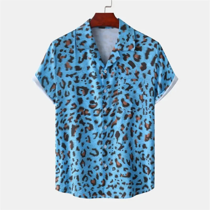 Summer 3D Leopard Print Shirts For Men Clothes Casual Vacation Short Sleeve Streetwear Button Clothing Mens Lapel Blouse Tops  Amaijoin