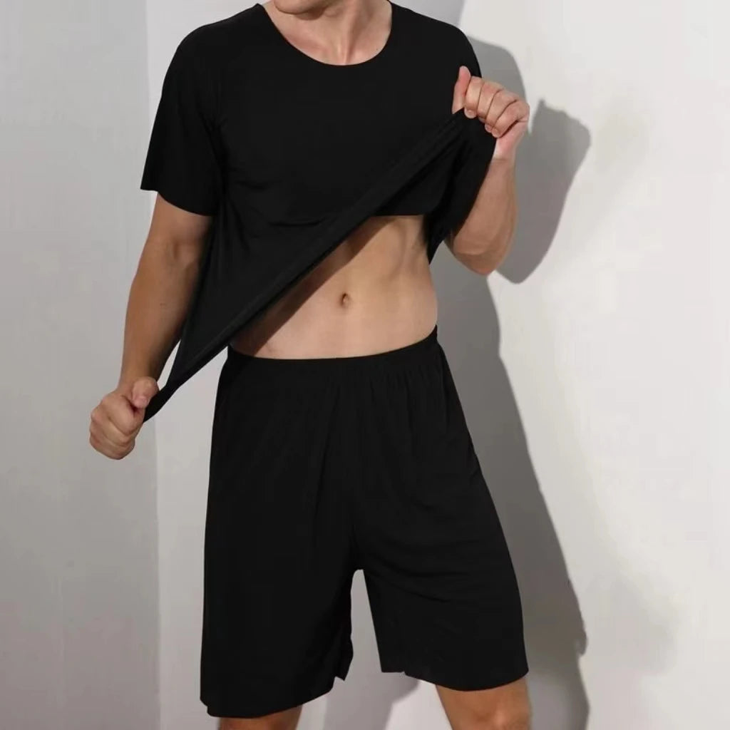 Men's Two-Piece Ice Silk Pajamas Men's Summer Thin Modal Short-Sleeved Pajamas Homewear Men's Large Size Pajamas Homewear Set  Amaijoin